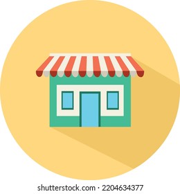 Storefront icon in circle. e-commerce and shopping graphic design shop illustration. Simple supermarket symbol on white yellow background. Door and windows. Market place exterior street and airport
