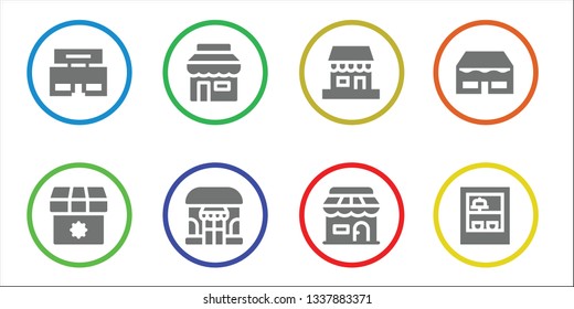 storefront icon set. 8 filled storefront icons.  Collection Of - Shop