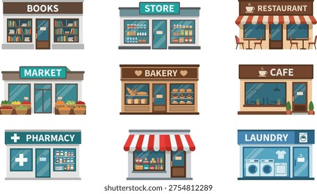 Storefront illustration collection featuring bookstore, market, bakery, cafe, restaurant, pharmacy, laundry, general shop vector design set
