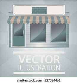storefront illustration over color background
