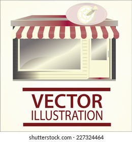 storefront illustration over color background