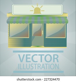 storefront illustration over color background