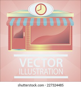 storefront illustration over color background