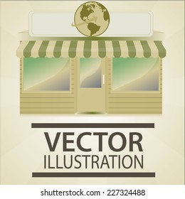 storefront illustration over color background