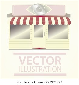 storefront illustration over color background