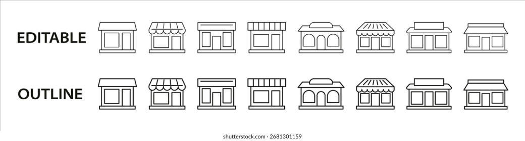 Storefront line icons. Editable stroke vector set for shop and retail business design.