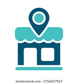 A storefront with a location pin represents a business market or retail place. This graphic suits commerce platforms, local business pages, sales maps, and marketing materials