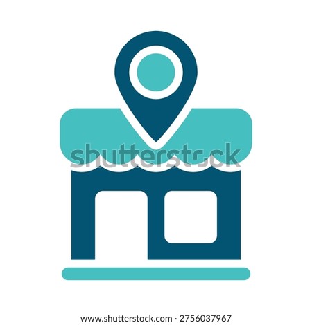 A storefront with a location pin represents a business market or retail place. This graphic suits commerce platforms, local business pages, sales maps, and marketing materials