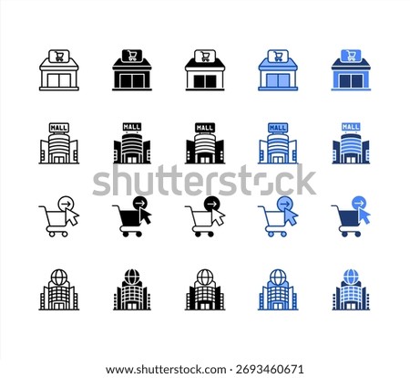 Storefront, Mall, Checkout, Emporium multiple style icon set.