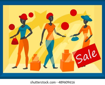 Storefront with mannequins. Colorful cartoon vector illustration