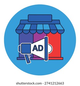 Storefront with megaphone advertisement on blue circle background icon