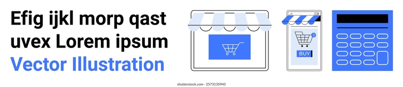 Storefront, mobile shopping cart, and calculator in blue and white. Ideal for online shopping, e-commerce, digital marketplace, retail, business finance. Banner for landing page