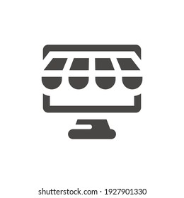 Storefront On Computer Monitor Black Vector Icon. Store Front And Screen, Online Shopping Symbol.