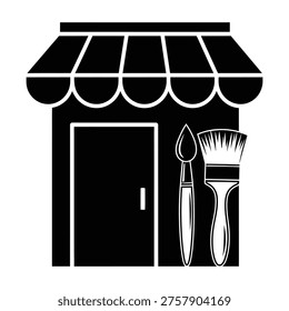 Storefront with paint brushes and awning artistic shop exterior icon