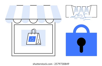 Storefront with a recycled shopping bag, a large lock symbolizing security, and a waterfall are combined in a minimalist style. Ideal for retail, ecological awareness, security, water conservation