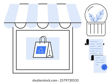 Storefront with recycle-symbol shopping bag, completed receipts, and plant in glass dome. Ideal for sustainability, eco-friendliness, recycling, shopping, and retail. Simple line art style