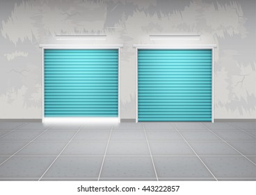 Storefront or shopfront is a facade or commercial building. Exterior with door and floor or entryway for retail shop or store. Protection with security shutter or roller door. Vector illustration.