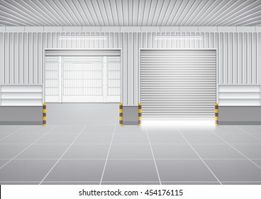 Storefront or shopfront is a facade or commercial building. Include tile floor or entryway. Use as retail shop or store. Protection with motorized security shutter or roller door. Vector illustration.