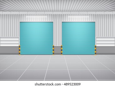 Storefront or shopfront is a facade or commercial building. Include tile floor or entryway. Use as retail shop or store. Protection with motorized security shutter or roller door. Vector illustration.