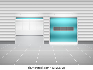 Storefront or shopfront is a facade or commercial building. Include tile floor or entryway. Use as retail shop or store. Protection with motorized security shutter or roller door. Vector illustration.