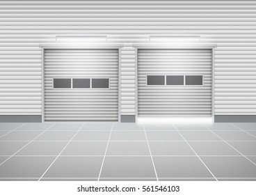 Storefront or shopfront is a facade or commercial building. Include tile floor or entryway. Use as retail shop or store. Protection with motorized security shutter or roller door. Vector illustration.