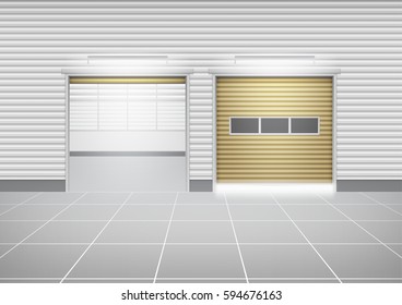 Storefront or shopfront is a facade or commercial building. Exterior with door and floor or entryway for retail shop or store. Protection with security shutter or roller door. Vector illustration.