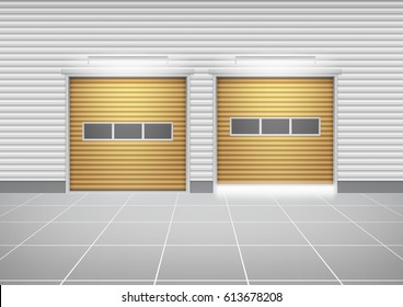 Storefront or shopfront is a facade or commercial building. Include tile floor or entryway. Use as retail shop or store. Protection with motorized security shutter or roller door. Vector illustration.