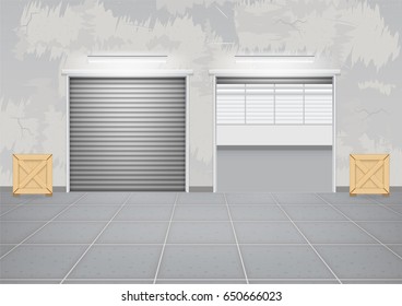 Storefront or shopfront is a facade or commercial building. Include tile floor or entryway. Use as retail shop or store. Protection with motorized security shutter or roller door. Vector illustration.