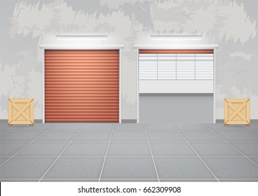 Storefront or shopfront is a facade or commercial building. Include tile floor or entryway. Use as retail shop or store. Protection with motorized security shutter or roller door. Vector illustration.