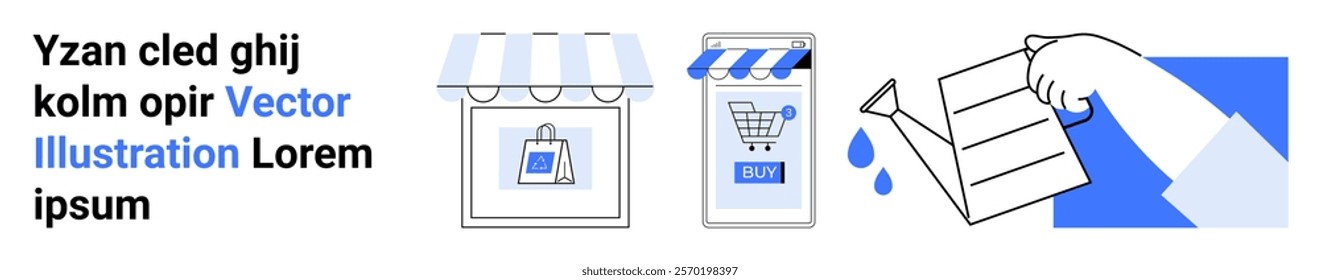 Storefront with a shopping bag, mobile device with a shopping cart, and a hand holding a delivered package. Ideal for online shopping, e-commerce, digital marketing, mobile apps, and website design