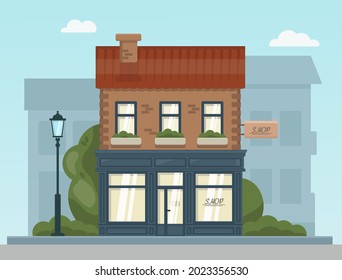 Storefront with a signboard and a showcase against the backdrop of buildings, trees and a lantern. The concept of a small cozy place of trade Vector illustration