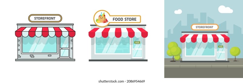 Storefront Of Small Store Boutique Vector Or Shop Front Facade Of Restaurant Or Grocery Cafe Flat Cartoon Illustration, Shopfront Building On City Street Scene And Isolated On White