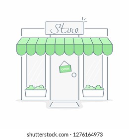 Storefront. Store, market, cozy shop building exterior, small business. Outline vector illustration in trendy color style, premium quality.