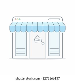 Storefront. Store, market, cozy shop building exterior, small business. Outline vector illustration in trendy color style, premium quality.