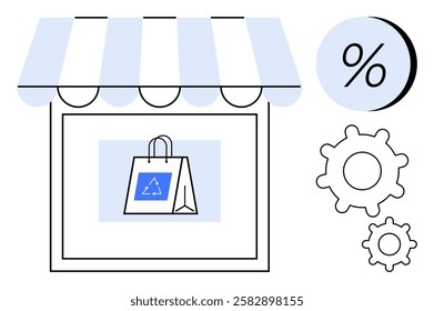 Storefront with striped awning displaying a shopping bag with recycle symbol. Percentage sign circle and gear icons on the side. Ideal for retail, eco-friendly shopping, sales, ecommerce, marketing