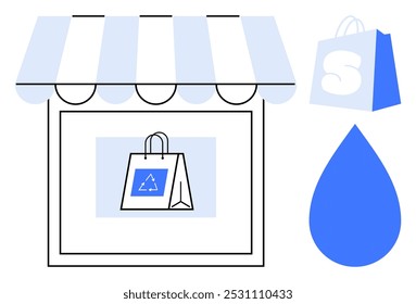 Uma vitrine com um toldo listrado exibe uma sacola de compras com um símbolo de reciclagem. Perto estão uma gota de água azul e uma sacola de compras com um S. Ideal para sustentabilidade, compras ecológicas