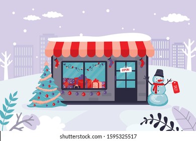 Storefront, traditional christmas tree and funny snowman with sale label. Winter holidays, promotion banner. New year or xmas discount. Trendy flat vector illustration
