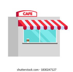 Escaparate con visera blanca y roja al estilo moderno de dibujos animados planos. Cafetería o restaurante. Ilustración vectorial aislada en fondo blanco.	