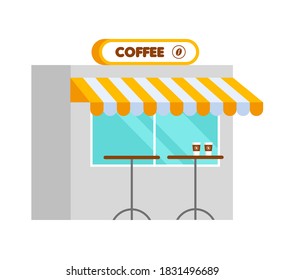 Storefront with white and yellow visor in trendy flat cartoon style. Cafe or restaurant shop building with tables. Vector illustration isolated on white background.