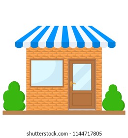 Storefront with window and door, facade of the building shop with blue awning, stock vector illustration