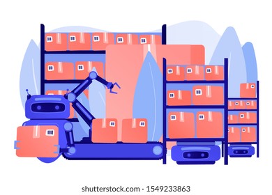 Storehouse automatic packages loading technology. Warehousing robotization, warehouse robotics engineering, self-driving forklifts concept. Pinkish coral bluevector isolated illustration