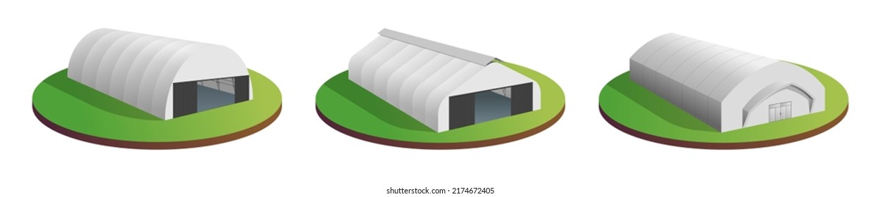 Storehouse building set. Temporary industrial 3d tents. Awning tarpaulin warehouse aircraft hangars. Commercial exhibition tunnel hall. Factory production distribution or storage barns. Vector eps