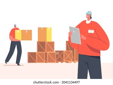 Storehouse Distribution Concept. Inventory Manager Character Accounting Goods Lying in Carton Boxes in Warehouse. Post Office, Store or Stock Production Assortment. Cartoon People Vector Illustration