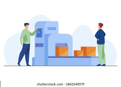 Storehouse employee operating conveyor machine. Men watching carton boxes moving on belt flat vector illustration. Logistics, shipment concept for banner, website design or landing web page