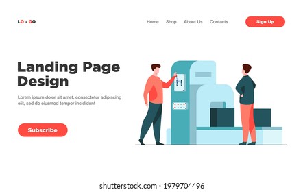Storehouse employee operating conveyor machine. Men watching carton boxes moving on belt flat vector illustration. Logistics, shipment concept for banner, website design or landing web page