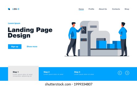 Storehouse employee operating conveyor machine. Men watching carton boxes moving on belt flat vector illustration. Logistics, shipment concept for banner, website design or landing web page