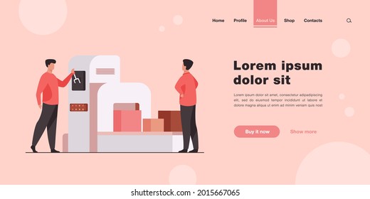Storehouse-Fördermaschine für Mitarbeiter. Männer, die Karton-Boxen beobachten, die sich auf der flachen Vektorgrafik des Gürtels bewegen. Logistik, Versandkonzept für Banner, Website-Design oder Landing-Webseite