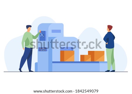 Storehouse employee operating conveyor machine. Men watching carton boxes moving on belt flat vector illustration. Logistics, shipment concept for banner, website design or landing web page