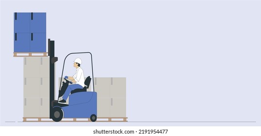 Storehouse employee working on forklift in automatic warehouse. Boxes are on the shelves of the warehouse. Logistics in stock. Man on forklift works in a large warehouse, unloads bags of raw materials