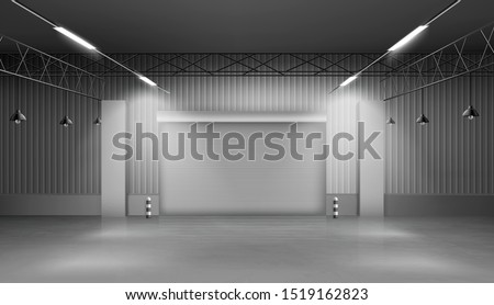 Storehouse, empty warehouse interior, factory building with lifting door, concrete floor and lighting. Large space for cargo and freight storage, logistics hangar. Realistic 3d vector illustration